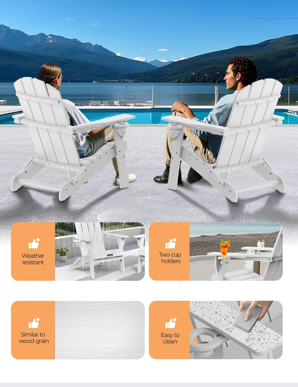 Folding Adirondack Chair, Wooden Textured Plastic Adirondack Chairs with 2 Cu...
