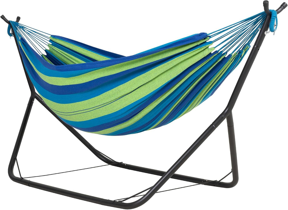 ANOW Outdoor Space Saving Hammock with Stand Included, Blue Green Stripe