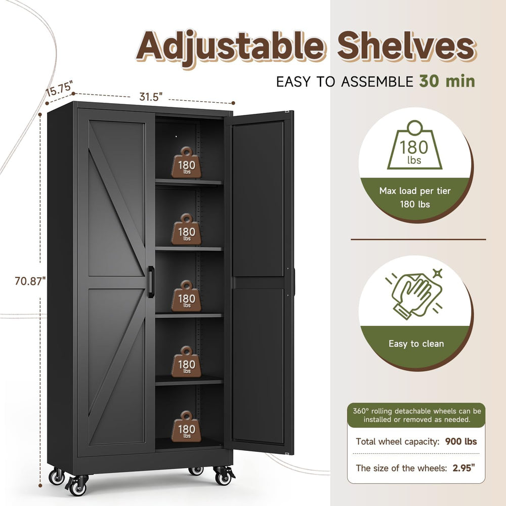 Letaya Metal Garage Storage Cabinets with Wheels,71”H Black Kitchen Pantry