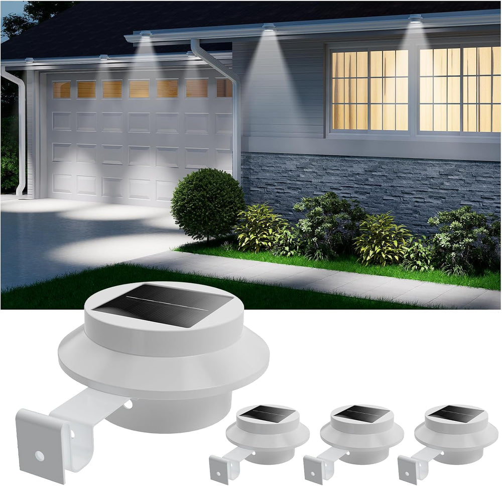 FALOVE 4 Pack Cool White Bright Solar Powered Gutter Mounted Lights Outdoor