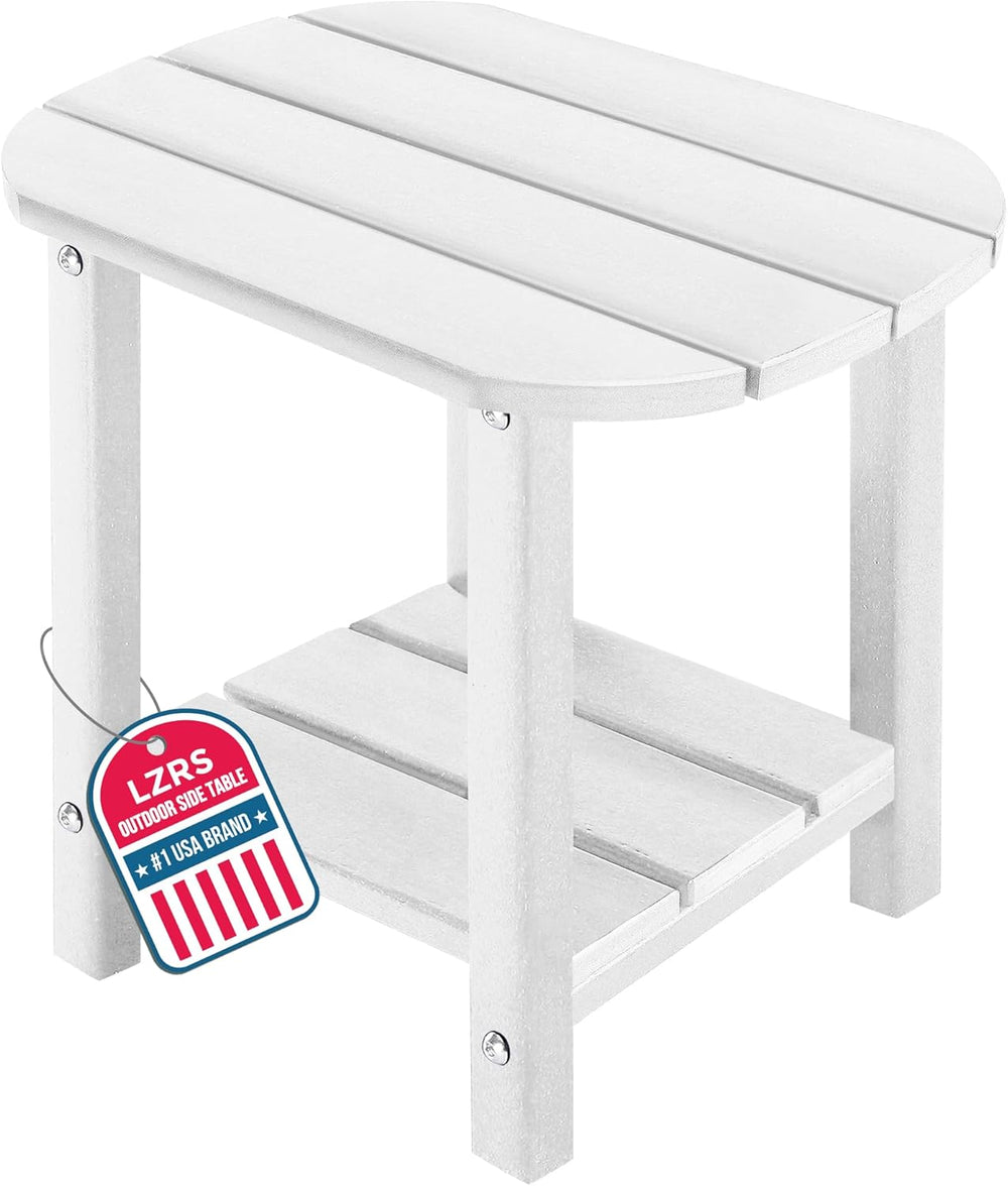 LZRS 2-Tier Patio Side Table, Heavy Duty HDPE Outdoor End Table with Wood Tex...