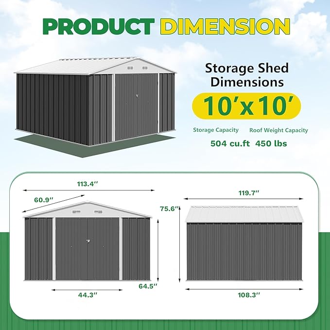 Devoko 10 x 10 FT Outdoor Storage Shed, Metal Garden Sheds & Outdoor Stor...