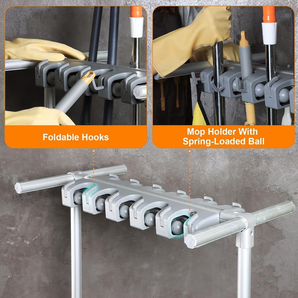 Mobile Mop and Broom Holder，Efficient Storage Solution for Cleaning Tools Kee...