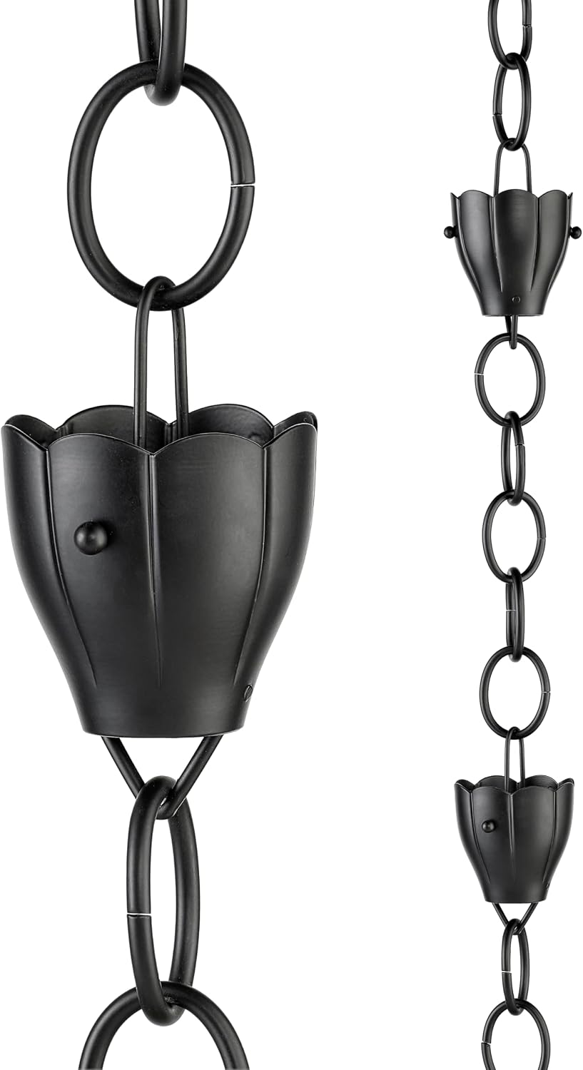 6 Cup Crocus Black Aluminum 8.5 ft. Rain Chain with Gutter Installation Clip ...