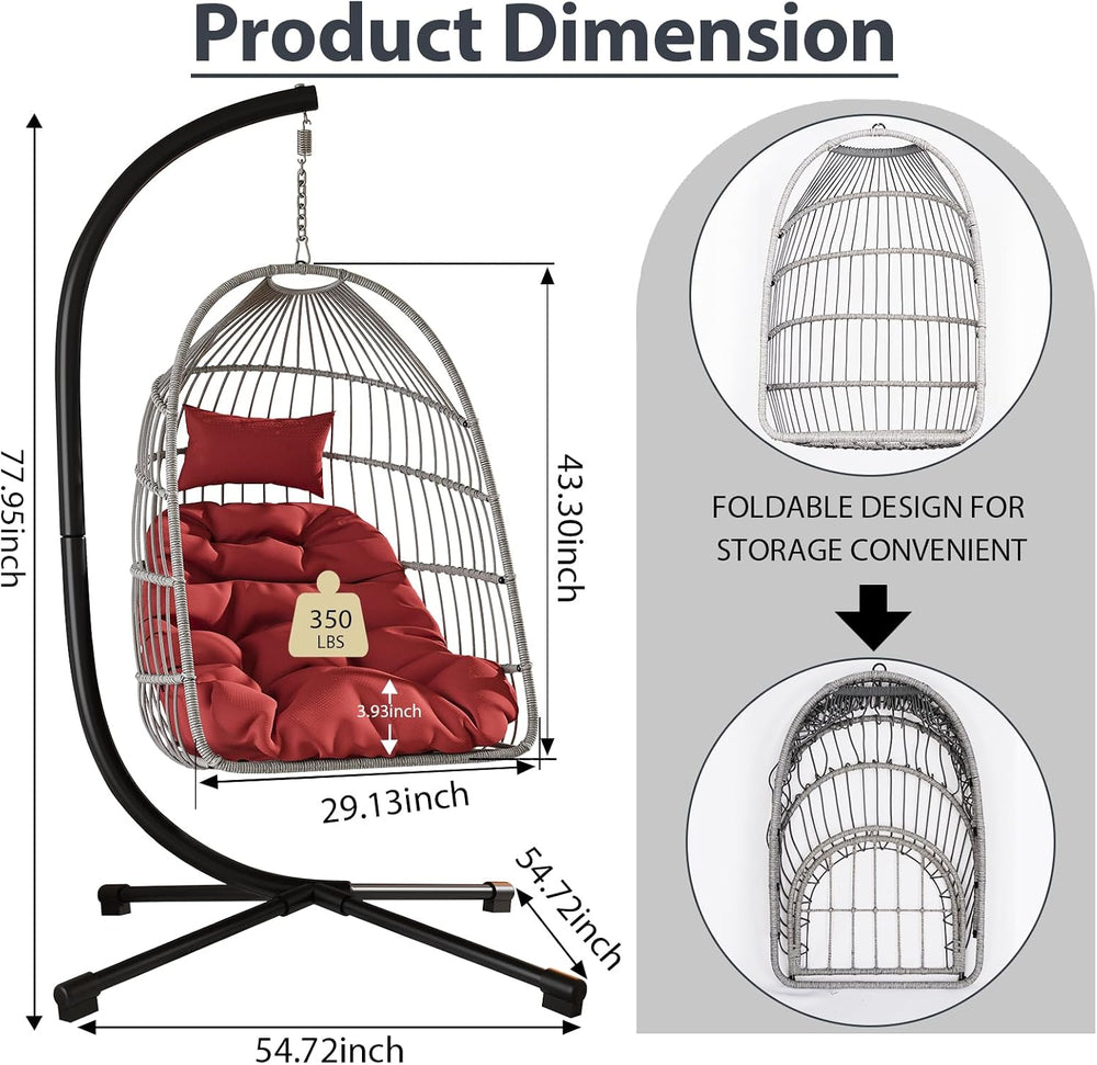 Foldable Hanging Egg Chair with Stand, HDPE Rattan and Heavy Duty Aluminum-St...