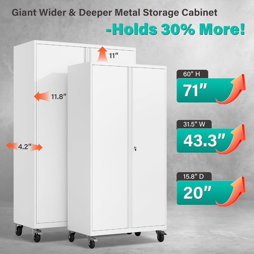 SISESOL White Wide & Deep Metal Storage Cabinet with Wheels,Tall Rolling ...
