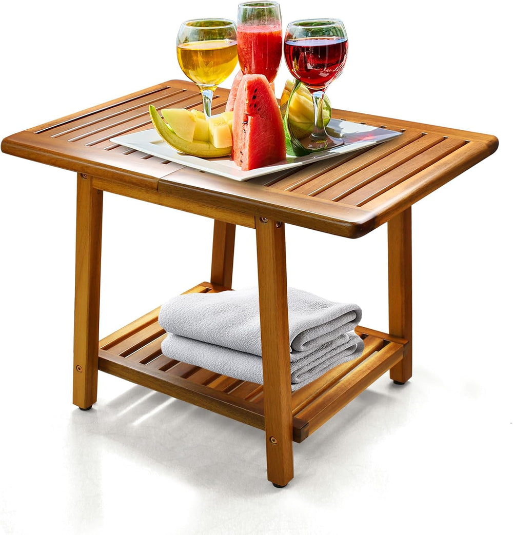 ENKEZI Acacia 24 Inches Outdoor Side Table, 2-Tier Sturdy Patio, End Table We...