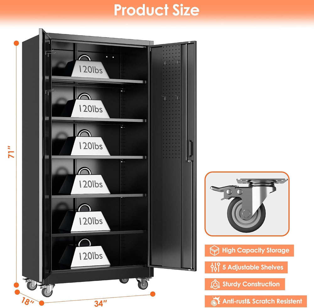 Aobabo Metal Garage Storage Cabinet with Wheels, 71" Tall Lockable Cabinet
