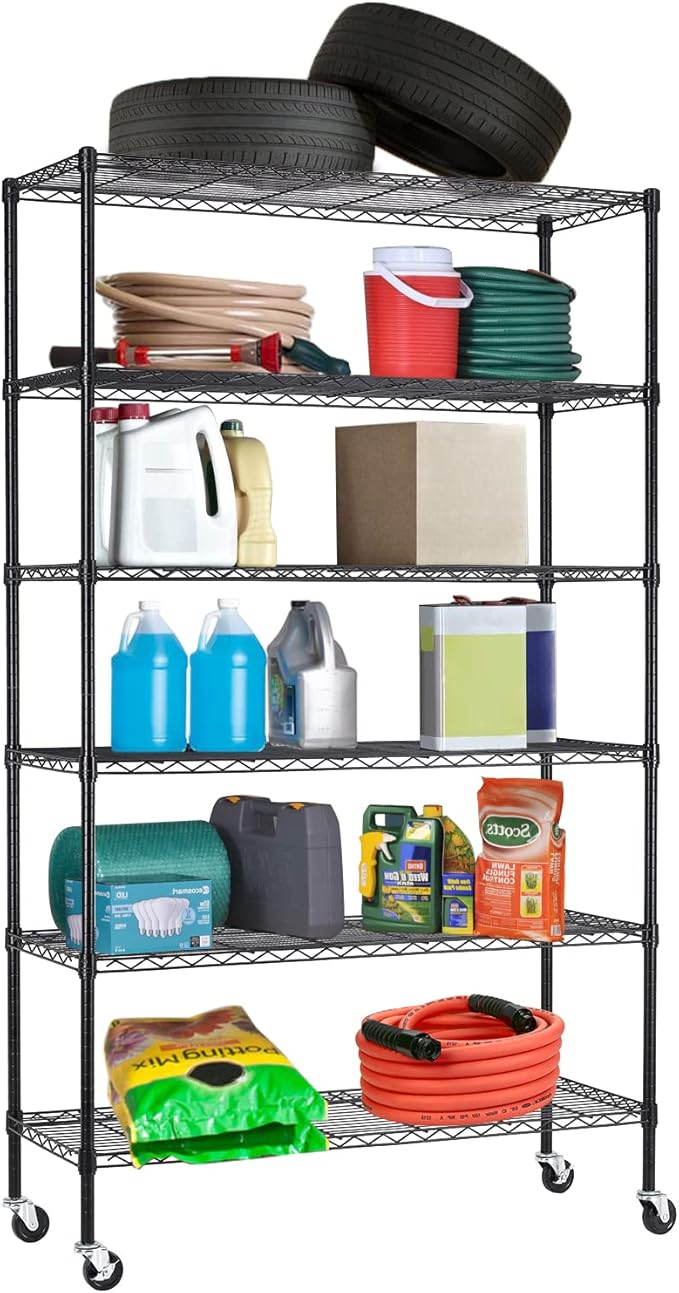 BestOffice | 6-Tier Wire Storage Shelves with Wheels | 18x48x82 | Black | Adj...