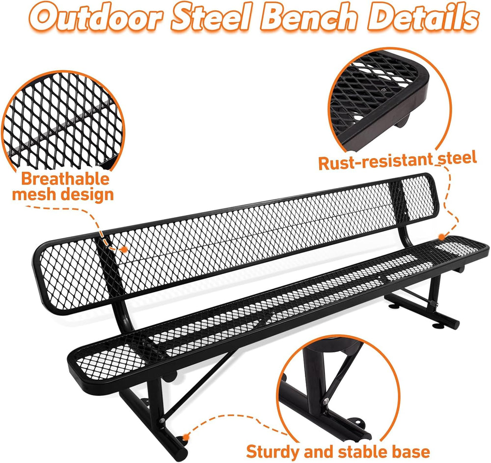 Metal Park Bench for Outside, Outdoor Bench with Backrest & Portable Frame
