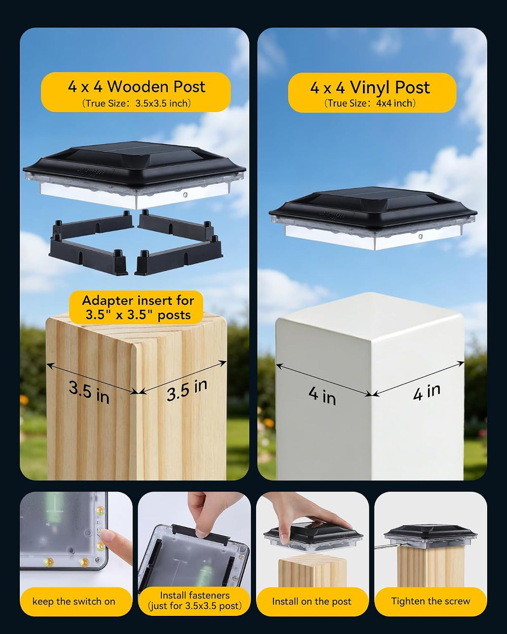 Solar Post Cap Lights for 4x4 Vinyl/ 3.5x3.5 Wood Posts, 12 Pack