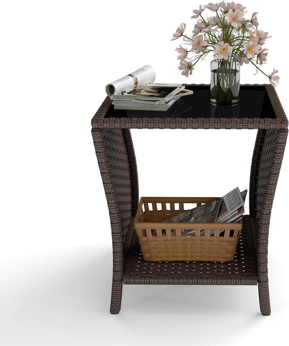kinbor Set of 2 Outdoor Wicker Side Table, Glass Top & Storage Shelf, Brown