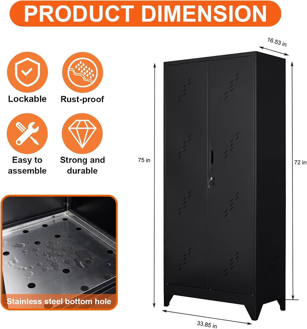 75" Metal Garage Storage Cabinet, Cleaning Tool Storage Cabinet, Utility...