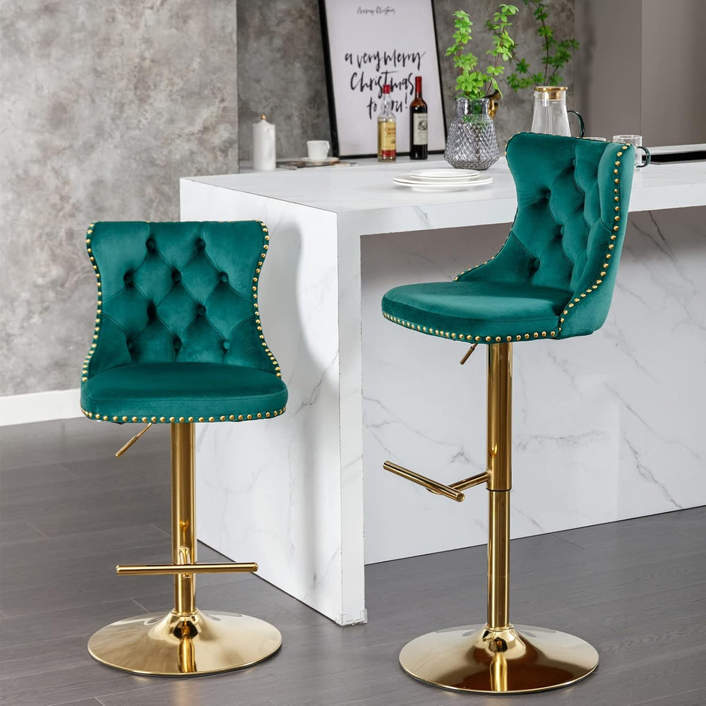 Green Velvet Bar Stools Set of 4, Upholstered Bar Chairs, Gold Bas