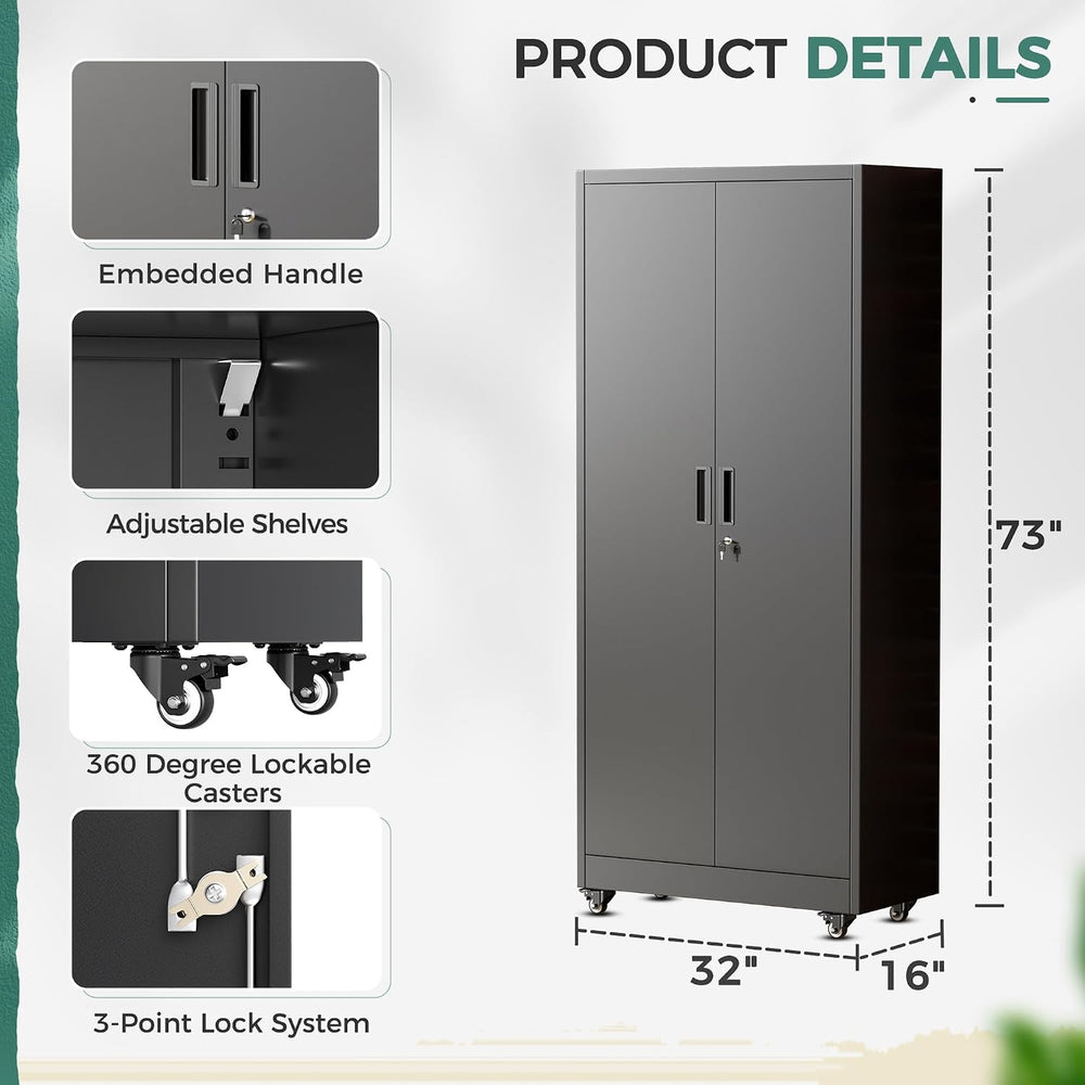 Greenvelly Metal Garage Storage Cabinet with Wheels, Black 73" Rolling M...