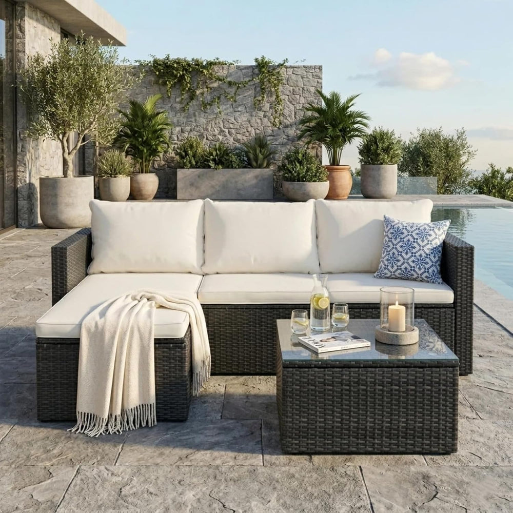 JAMFLY 4-Piece PE Wicker Patio Set with 43" Propane Fire Pit Table, Beige