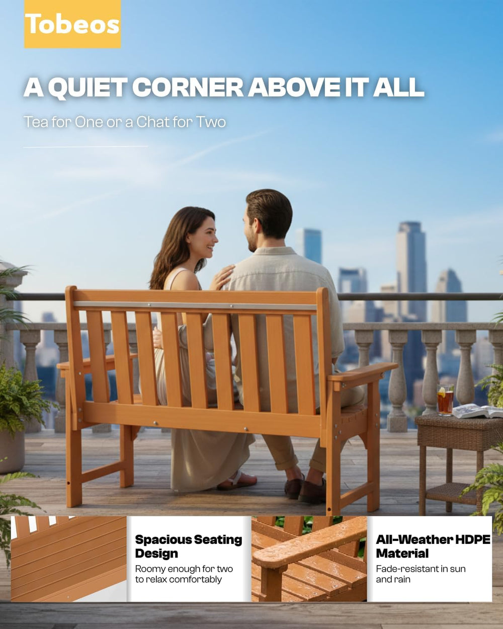 2-Person Outdoor Garden Bench, HDPE All-Weather Patio Bench with Backrest &am...