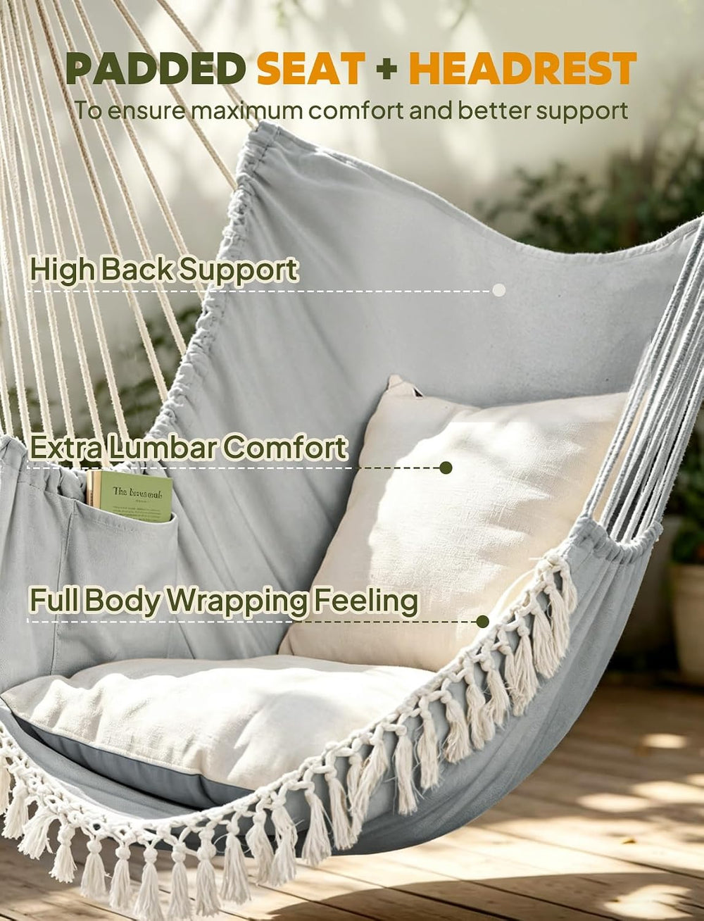 Chihee Hammock Chair Max 500 Lbs 2 Cushions Spreader Bar Strap Carabiner