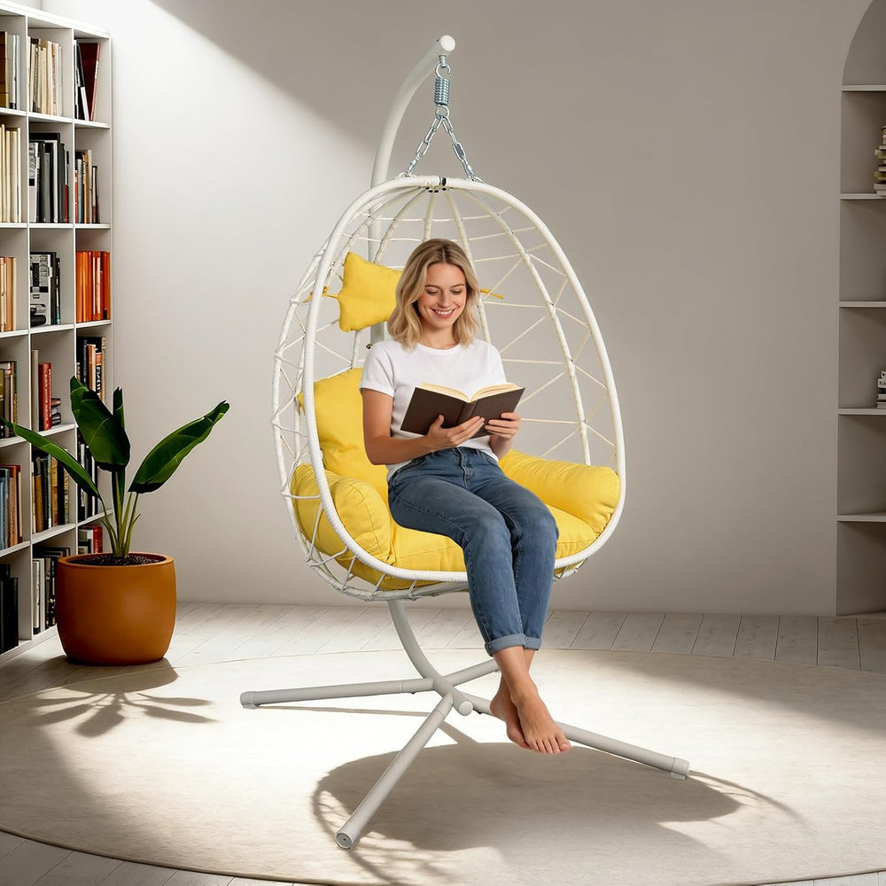 Egg Chair with Stand, Wicker Hanging Chair for Outdoor Patio, Cushioned Hammo...