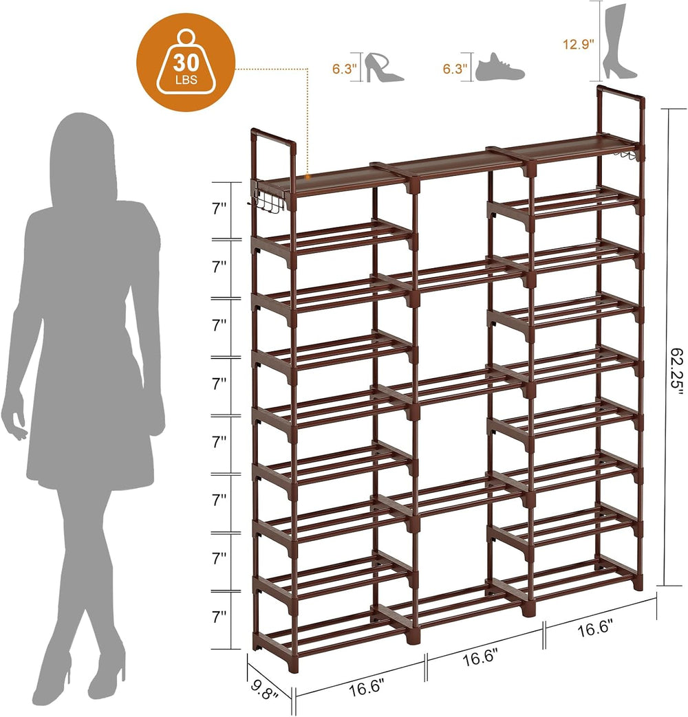 WOWLIVE 9 Tier 3-Column Shoe Rack, 50-55 Pairs Stackable Brown