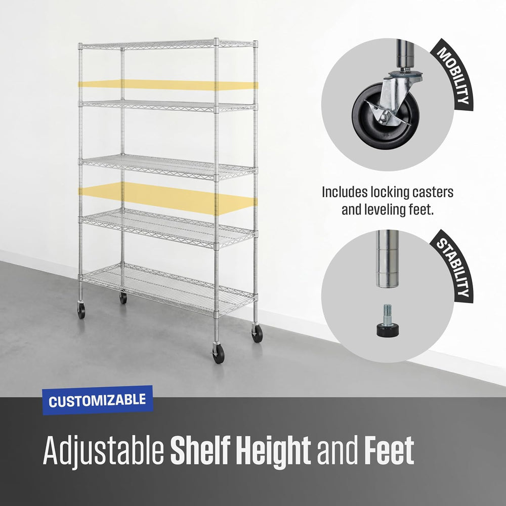 SafeRacks NSF 5-Tier Heavy Duty Wire Shelving Unit w/Wheels, 18"x48&quot...
