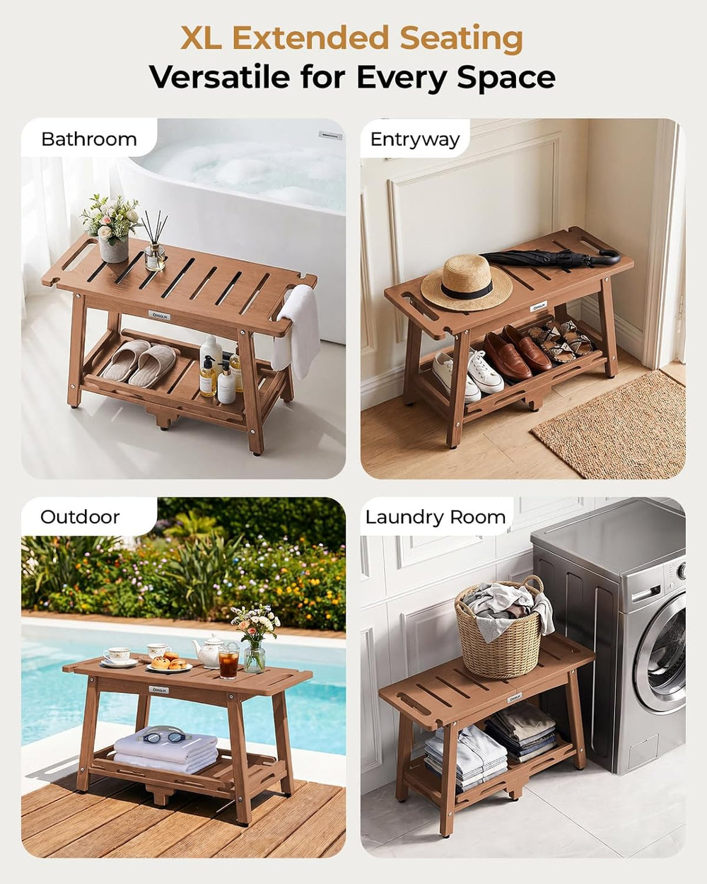 28" Extra Large Shower Bench, HDPE Waterproof Shower Chairs Seat, Adjust...