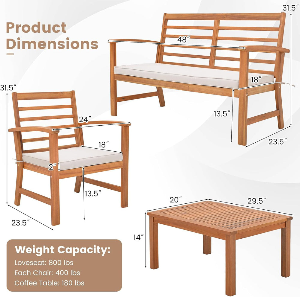 Tangkula 4 Pieces Outdoor Furniture Set, Acacia Wood Conversation Set w/Soft ...