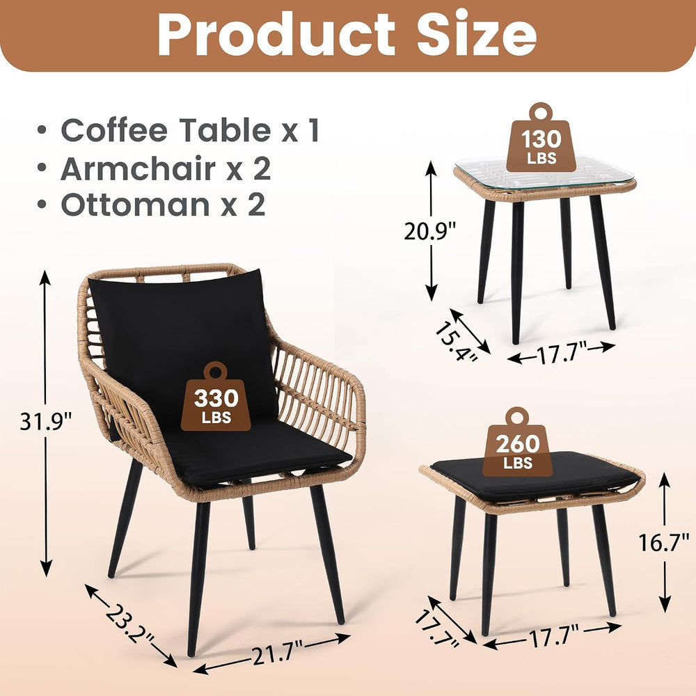 KROFEM 5 Piece Wicker Bistro Patio Conversation Furniture Set, Natural