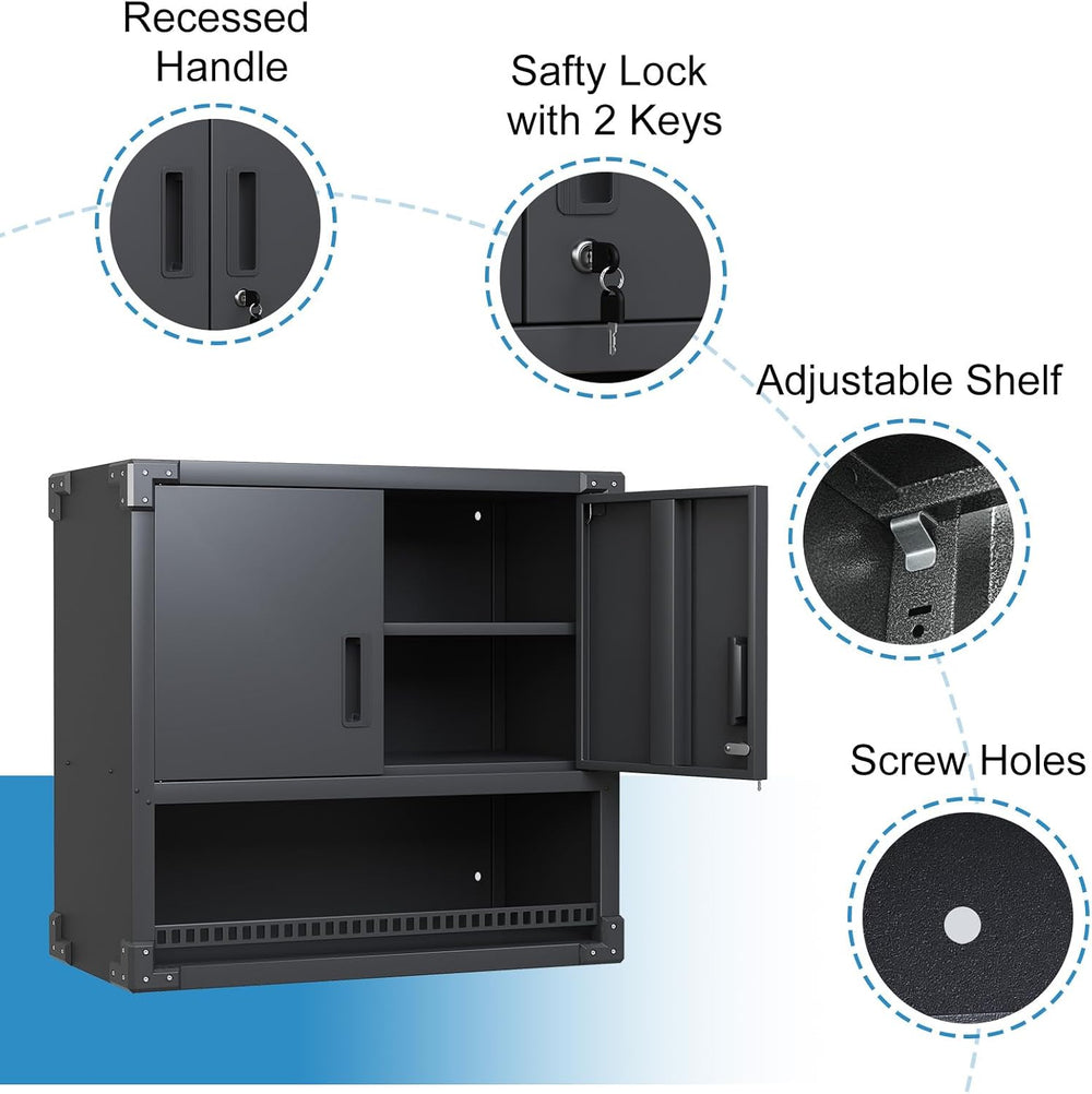 Metal Storage Wall Cabinets with Doors and Opening Drawer,Heavy Duty Black Ga...