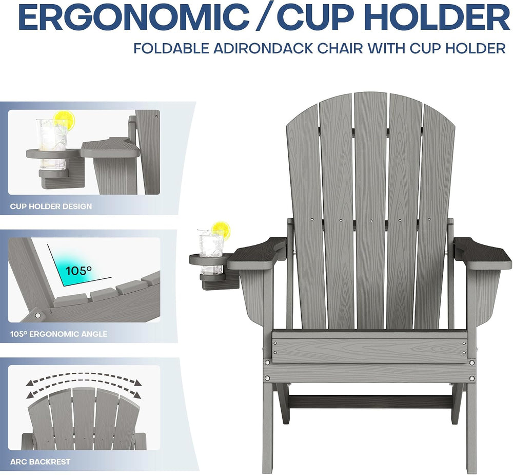 Adirondack Chair Set of 2 with Cup Holders&Table, Grey