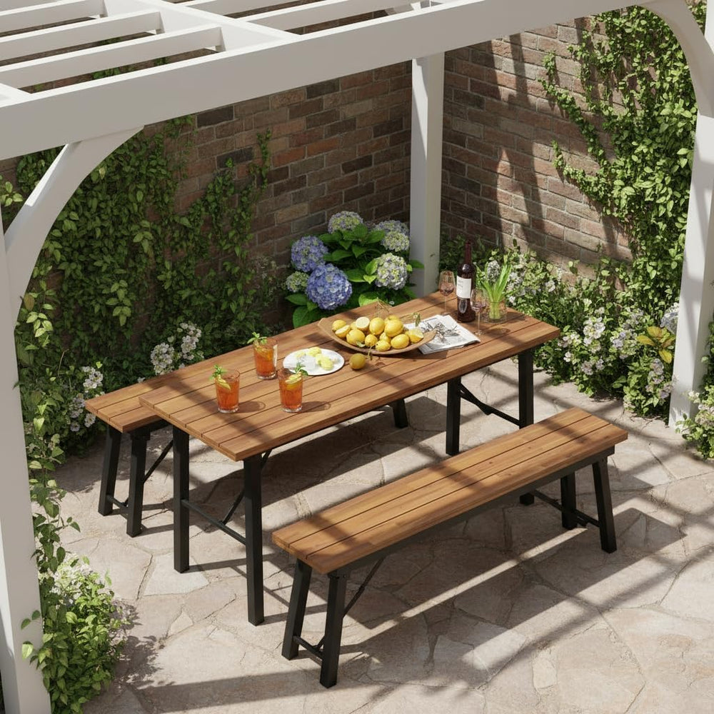 Tangkula Outdoor Folding Bench Set of 2, 55” 2-3 Person Acacia Wood Backless ...