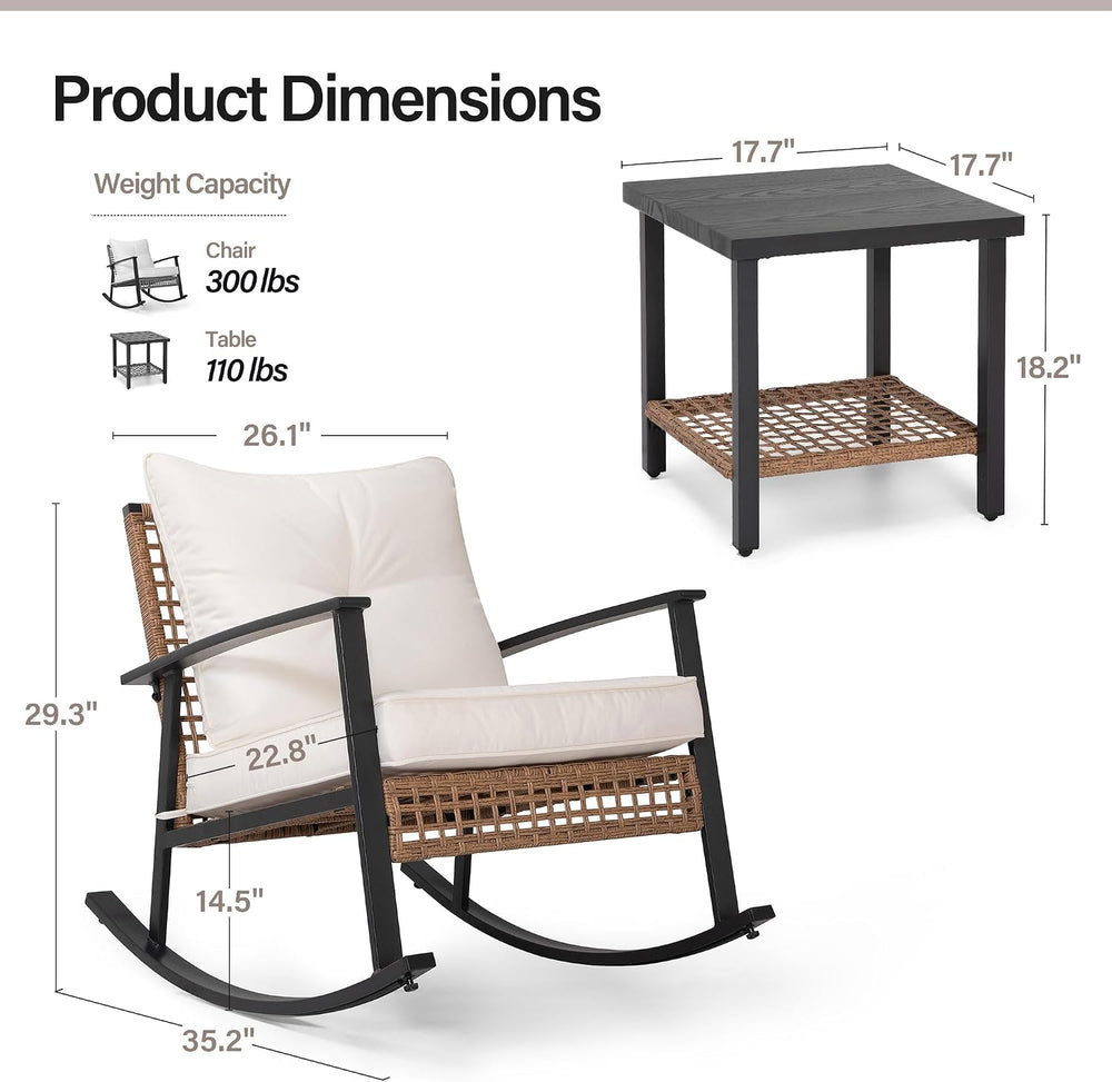 3-Piece Rocking Bistro Set, Outdoor Patio Furniture with Thick Cushions and 2...
