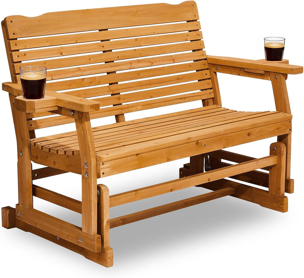 Patio Glider with Cup Holders, Wooden Outdoor Glider Bench with High Roll Bac...