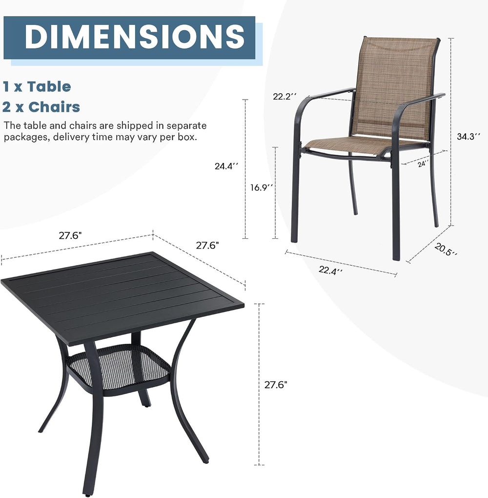 DIFY 3-Piece Outdoor Patio Bistro Dining Set, Black Small Square Dining Table...
