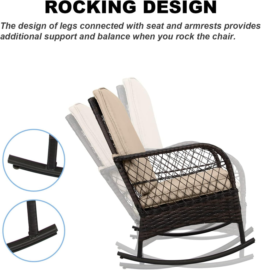 LEVELEVE 3 pcs Rocking Bistro Set Conversation Chairs PE Wicker Outdoor Rocki...