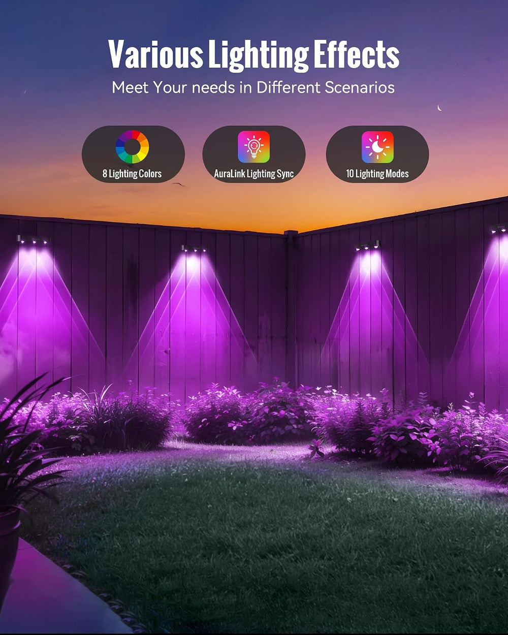 RGB Sync Solar Fence Lights Outdoor 8 Pack, Dynamic Modes