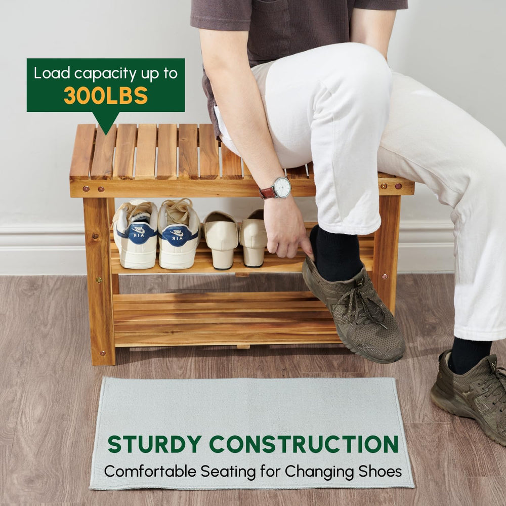BEEFURNI Acacia Wooden Shoe Rack Bench for Entryway, 3-Tier, Natural