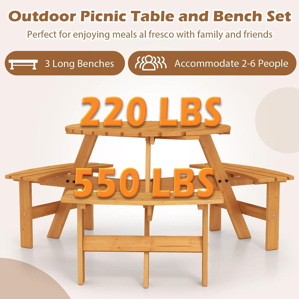 GIANTEX 6-Person Round Picnic Table Set with 3 Benches, 550 LBS Bench Capacit...