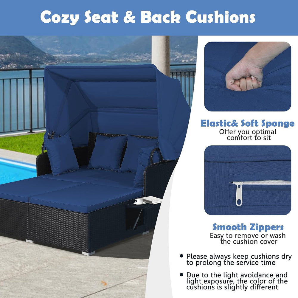 Tangkula Patio Rattan Daybed with Retractable Canopy, Outdoor Wicker Sunbed L...