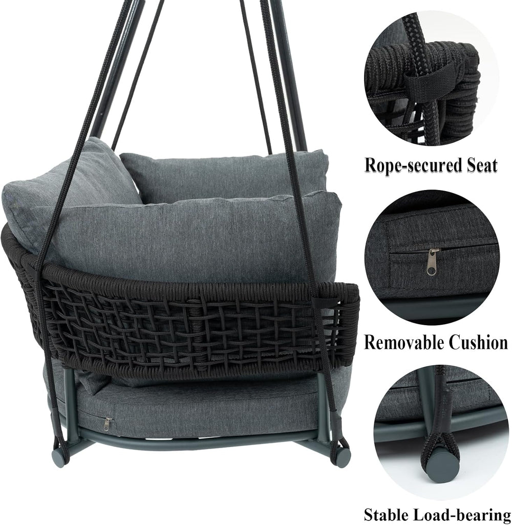 Single Porch Swings Chair with Cushions, Hanging Rope Swing, Hanging Chair fo...