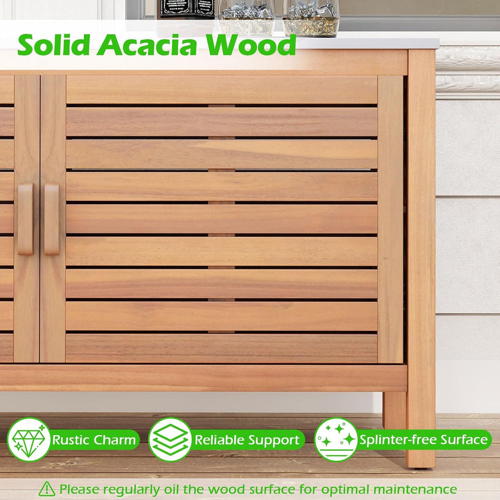 Goplus Patio Storage Cabinet, 2-Door Acacia Wood Console Table with Faux Marb...