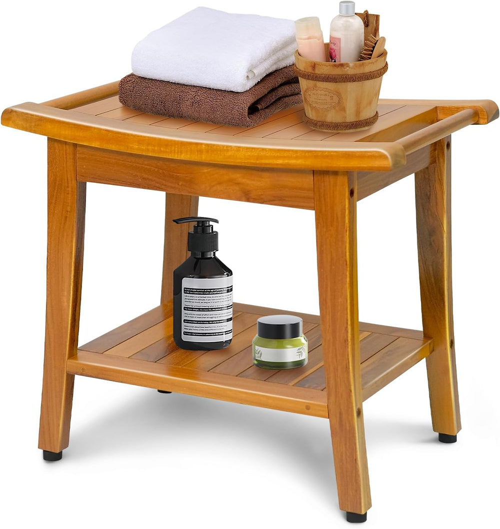 20" Premium Teak Shower Bench with Shelf & Handle, Solid Teak Shower...