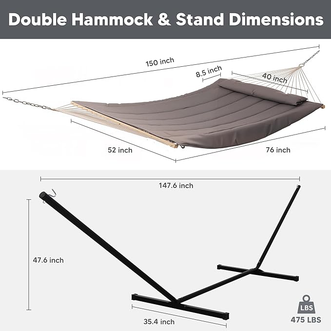 SUNCREAT Hammocks Two Person Hammock with 12ft Stand Included, Max 475lbs Cap...