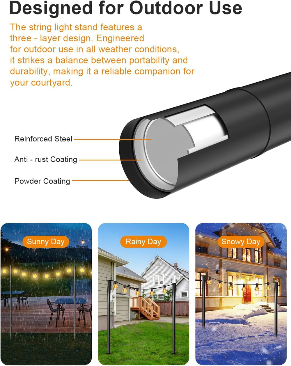 6 Pack String Light Poles for Outside, Adjustable Metal Patio Light Poles
