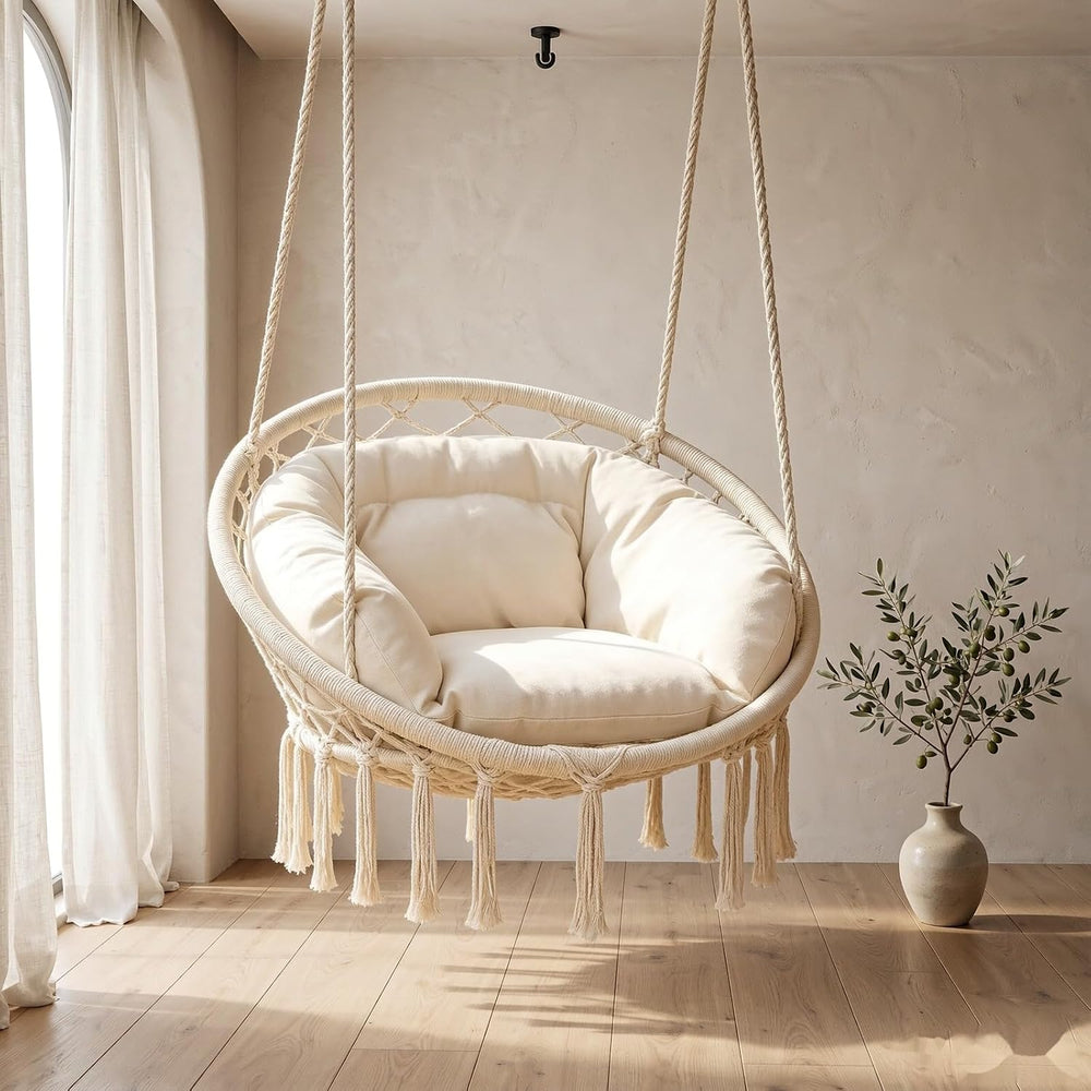 Monibloom Hanging Hammock Chair Macrame Swing with Cushion, Beige