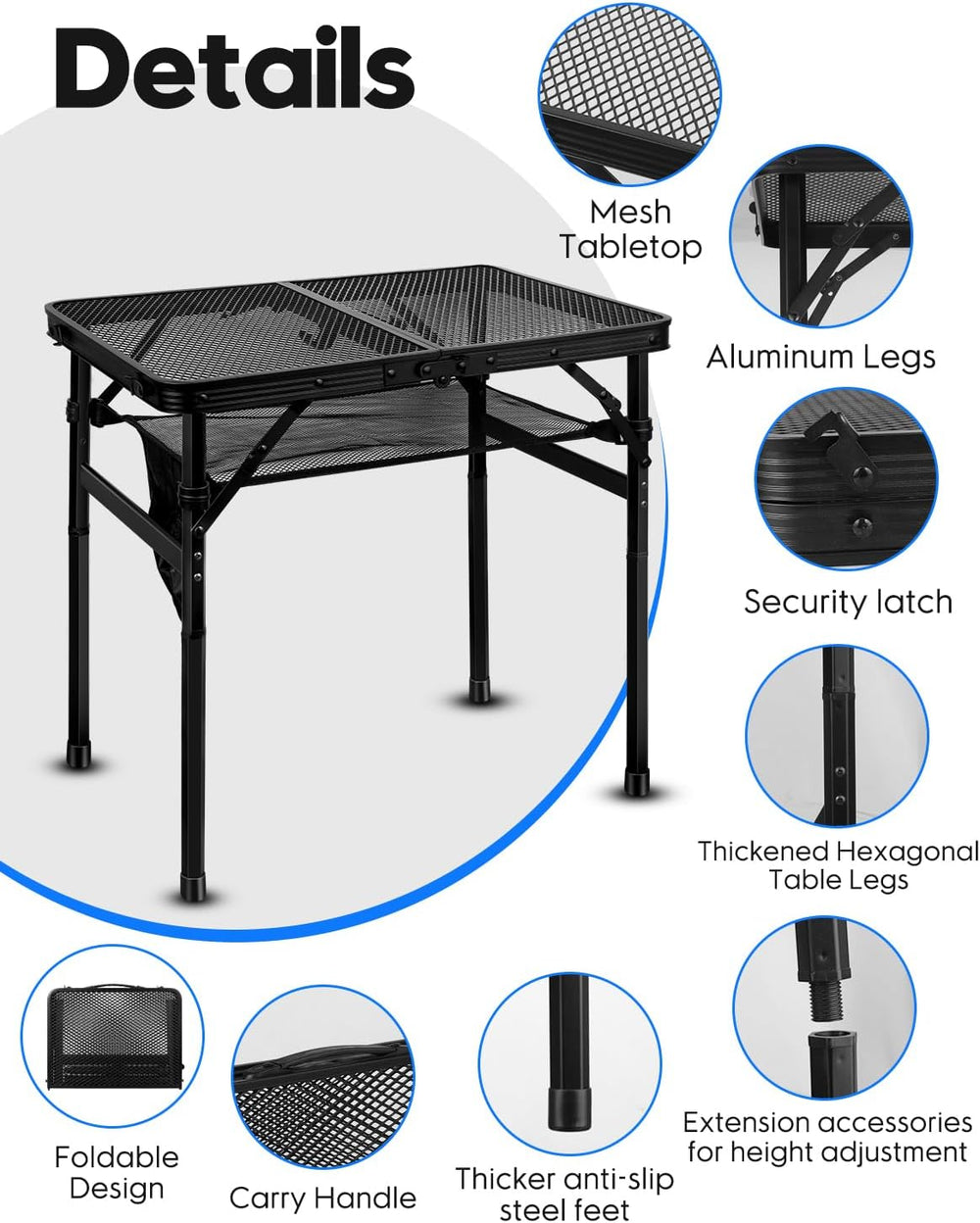 MSDADA Folding Grill Table, Height Adjustable Aluminum Table with Mesh Deskto...
