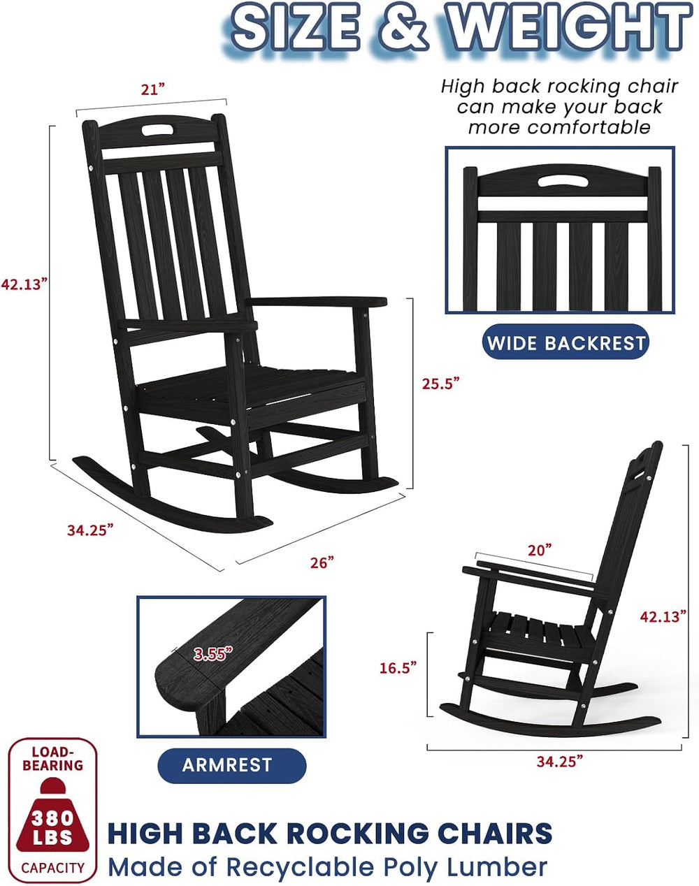Oversized Outdoor Rocking Chair, HDPE Plastic High Back Rocking Chairs