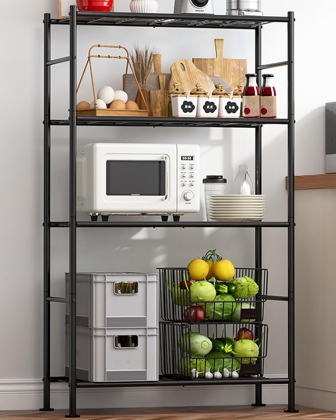 Storage Shelves - 4 Tier Shelf Organizer, Heavy Duty Garage Shelving Unit with Leveling Feet, Stable Metal Shelves Organizer for Pantry, Kitchen and Closet, 33.0" W x 12.6" D x 57.2" H, Black