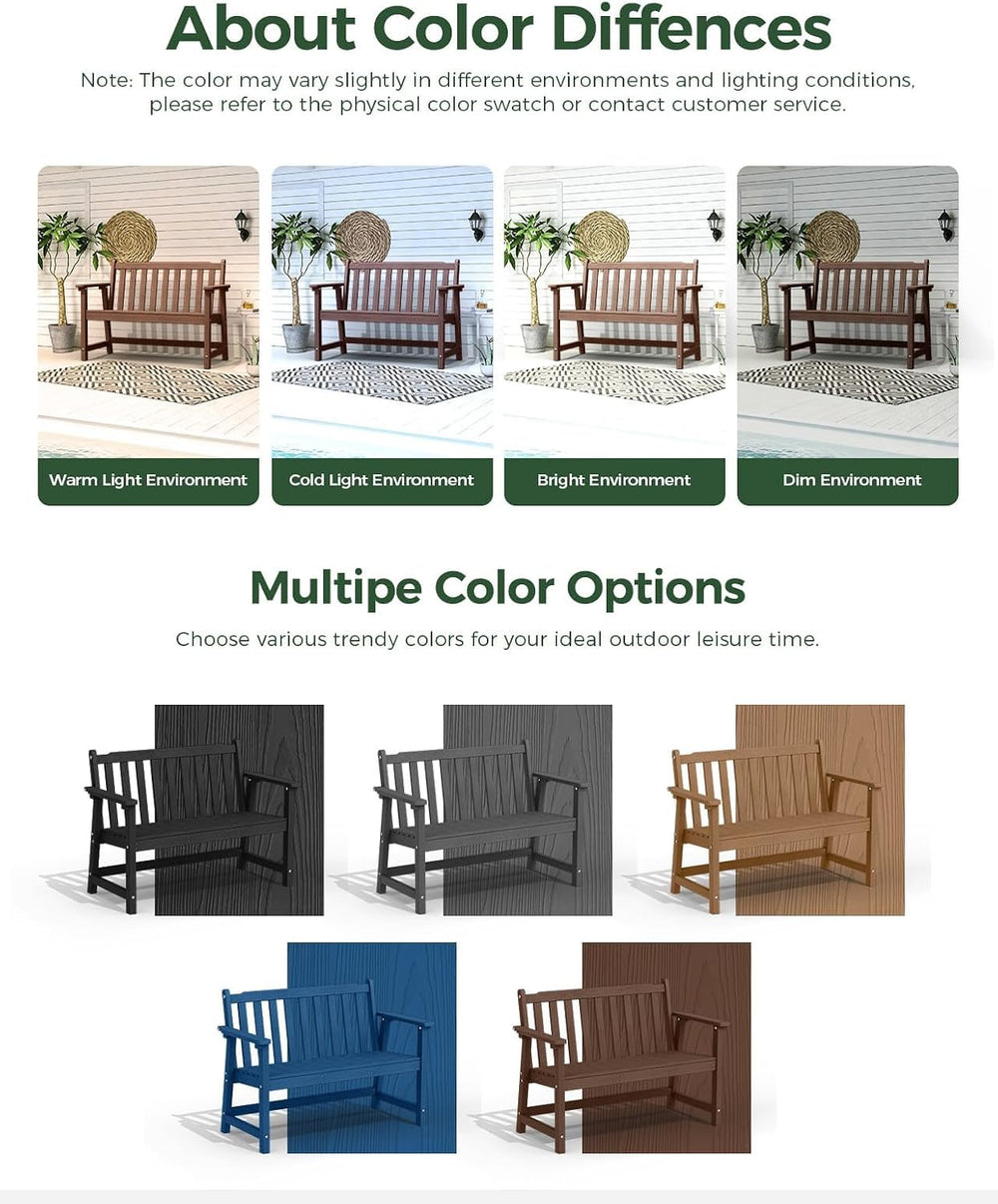 48" HDPE Weatherproof Outdoor Bench, Garden Porch Benches, Brown