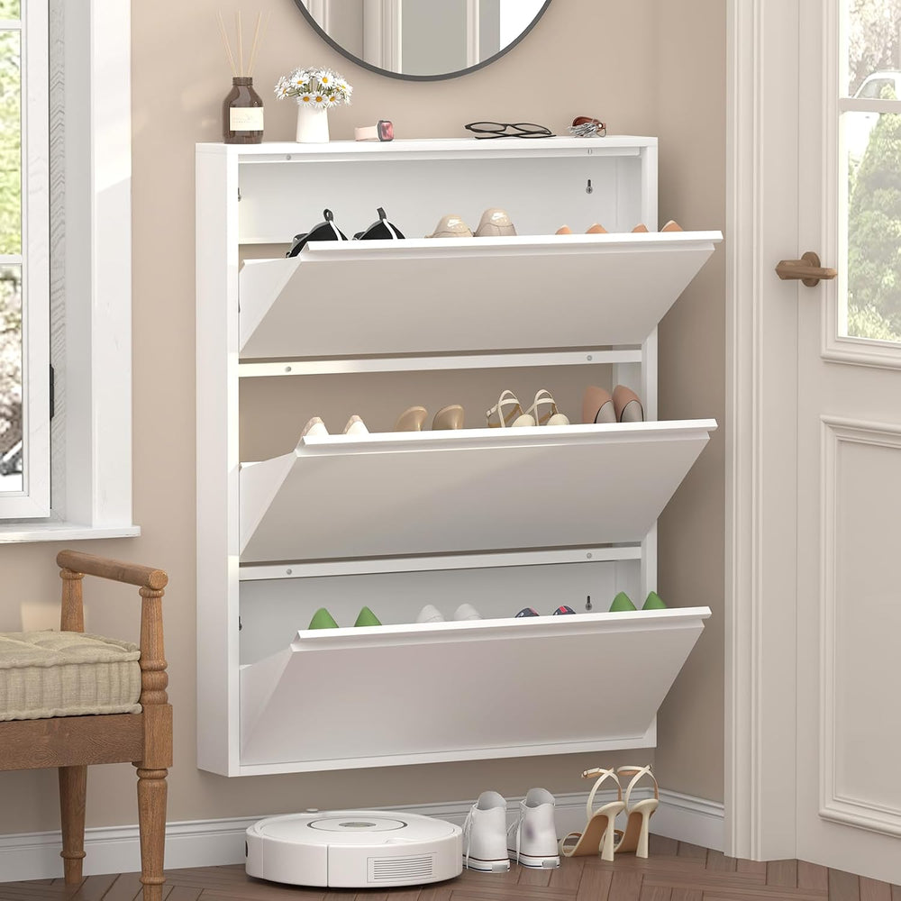Slim Wall Mounted Metal Storage Cabinet with 3 Flip Drawers